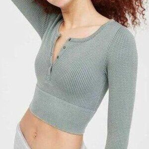 Aerie Offline Main Squeeze Seamless Waffle Crop Henley Long Sleeve Small Green